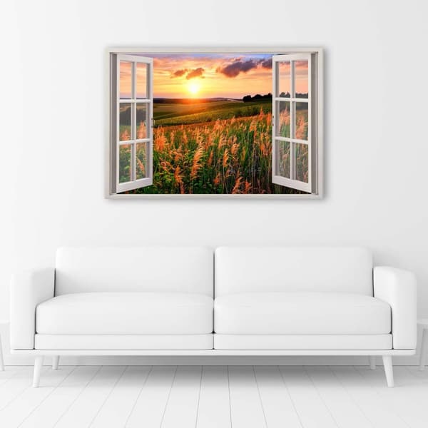 Bild på duk, Fönster - utsikt över ett fält av blommor - 120x80