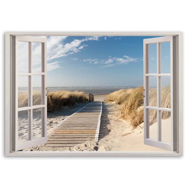 Bild på duk, Fönsterspång till stranden - 90x60