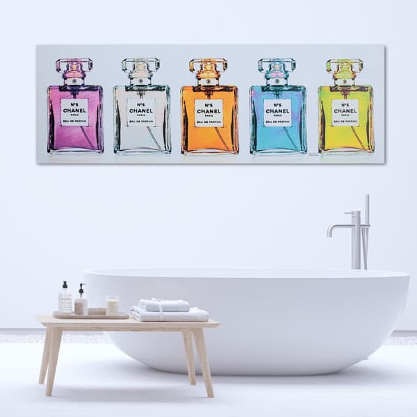 Billede på lærred, Farverige parfumeflasker - 150x50