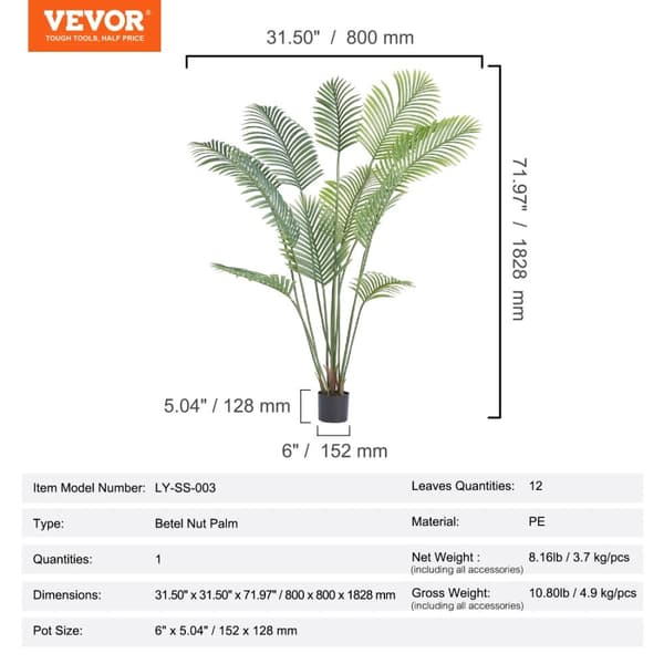 Konstgjord Palmträd, Falska Växter, PE Anti-Tip Tilt Skydd, 6 ft (1 st)