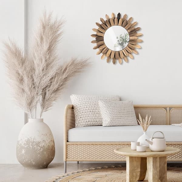 Rundt veggspeil med treramme og elegant design