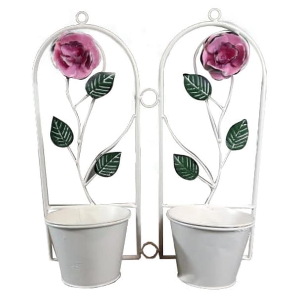 Dobbelthængende metalværks blomsterstativ i provencalsk stil med et rosemotiv