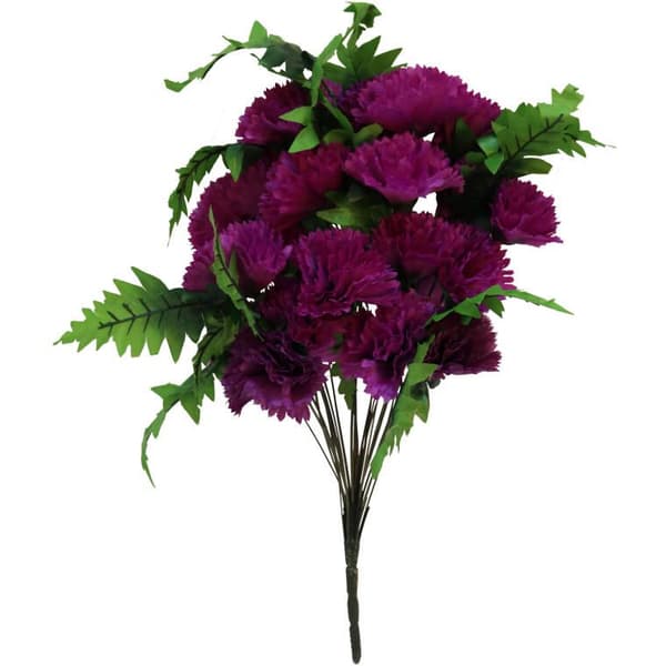 Buket lilla nelliker med bregner, naturtro dekoration, 58 cm