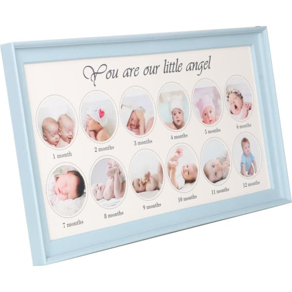 Blå souvenirram för foton och babys hand- och fotavtryck med bläck