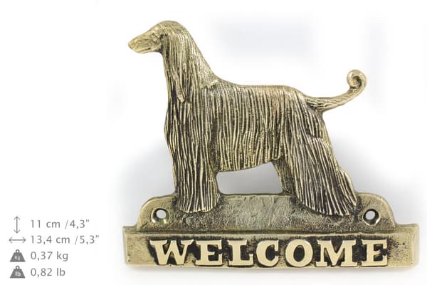 Afganistanikoira - ovilevy koiralla, messinkinen tervetuliaiskyltti, ainutlaatuinen kyltti, jossa on merkintä Welcome by Art-Dog