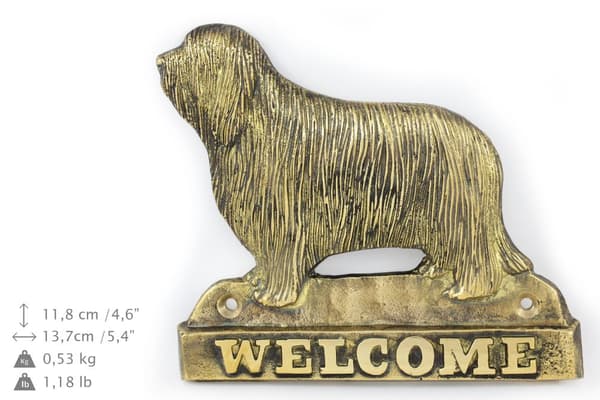 Bearded Collie, Highland Collie - dørskilt med hund, velkomstplade af messing, unikt skilt med inskriptionen Welcome by Art-Dog