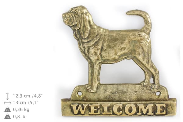Verikoira, Pyhän koira Huberta - ovilevy koiralla, messinkinen tervetuliaistaulu, ainutlaatuinen kyltti, jossa on kirjoitus Welcome by Art-Dog
