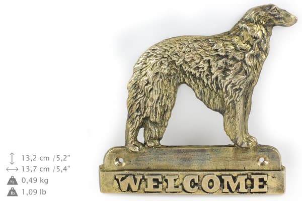 Venäläinen Borzoi, Borzoi, Barzoi - ovilevy koiralla, messinki tervetuliaistaulu, ainutlaatuinen kyltti, jossa on kirjoitus Welcome by Art-Dog