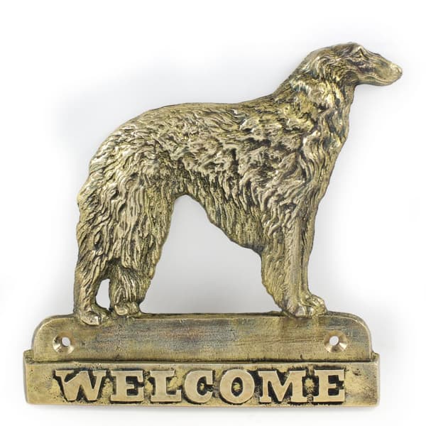Venäläinen Borzoi, Borzoi, Barzoi - ovilevy koiralla, messinki tervetuliaistaulu, ainutlaatuinen kyltti, jossa on kirjoitus Welcome by Art-Dog