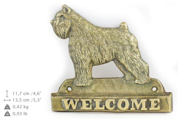 Bouvier des Flandres - dörrskylt med hund, välkomstplakett i mässing, unik skylt med inskriptionen Welcome by Art-Dog