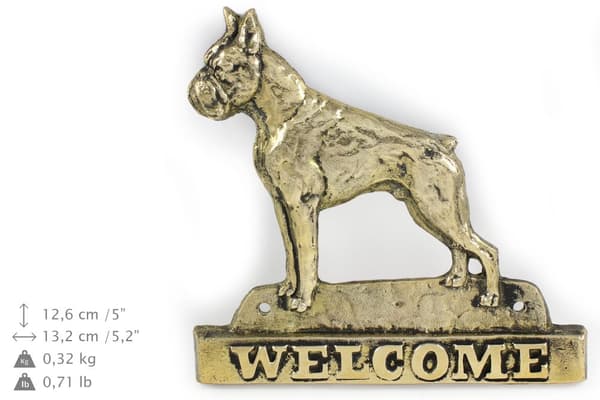 Boxer, Boxer - ovilevy koiralla, messinkinen tervetuliaiskyltti, ainutlaatuinen kyltti, jossa on merkintä Welcome by Art-Dog