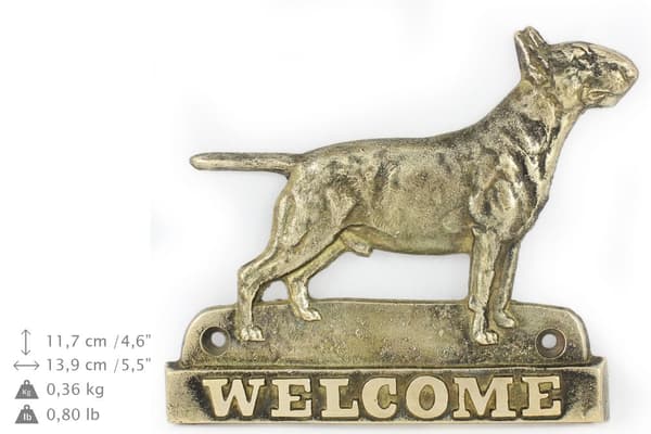 Bullterrieri, Bullterrieri - ovilevy koiralla, messinkinen tervetuliaiskyltti, ainutlaatuinen kyltti, jossa on merkintä Welcome by Art-Dog