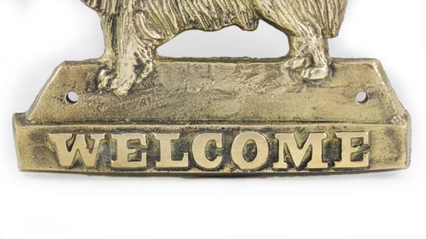 Långhårig Chihuahua - dörrplatta med hund, välkomstplakett i mässing, unik skylt med inskriptionen Welcome by Art-Dog