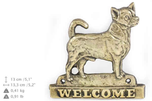 Korthåret Chihuahua - dørplade med hund, velkomstplade af messing, unikt skilt med inskriptionen Welcome by Art-Dog