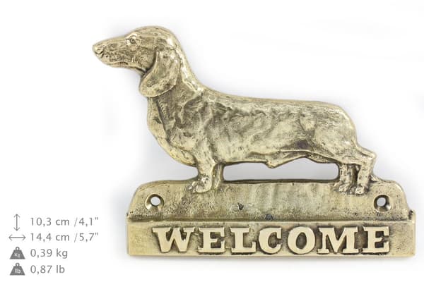 Mäyräkoira - ovilevy koiralla, messinkinen tervetuliaiskyltti, ainutlaatuinen kyltti, jossa on merkintä Welcome by Art-Dog