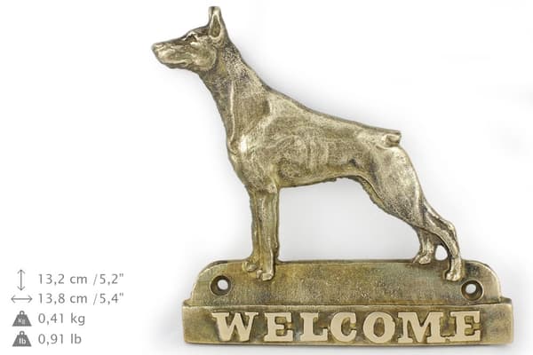 Doberman, Dobermann - dørplade med hund, velkomstplade af messing, unikt skilt med inskriptionen Welcome by Art-Dog