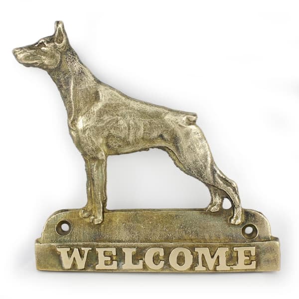 Doberman, Dobermann - dørplade med hund, velkomstplade af messing, unikt skilt med inskriptionen Welcome by Art-Dog