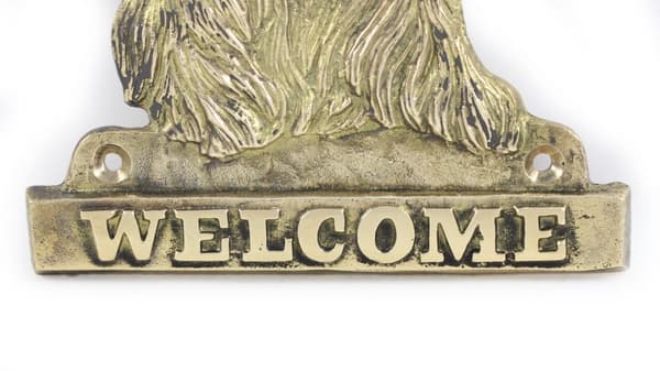 Englantilainen cockerspanieli - ovilevy koiralla, messinkinen tervetuliaislaatta, ainutlaatuinen kyltti, jossa on merkintä Welcome by Art-Dog