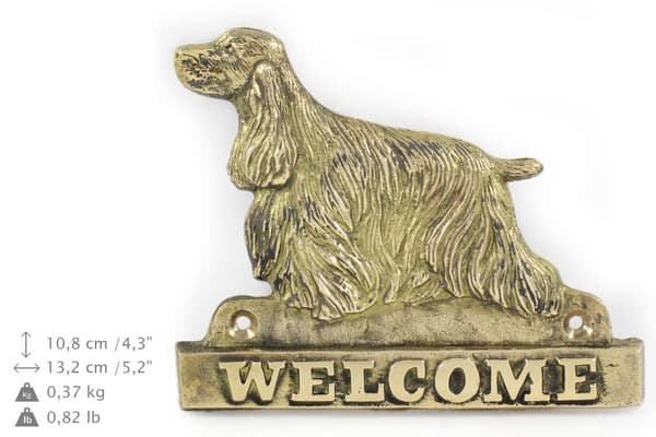 Englantilainen cockerspanieli - ovilevy koiralla, messinkinen tervetuliaislaatta, ainutlaatuinen kyltti, jossa on merkintä Welcome by Art-Dog