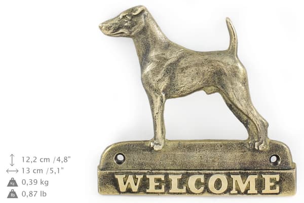 Korthåret foxterrier - dørplade med hund, velkomstplade af messing, unikt skilt med inskriptionen Welcome by Art-Dog