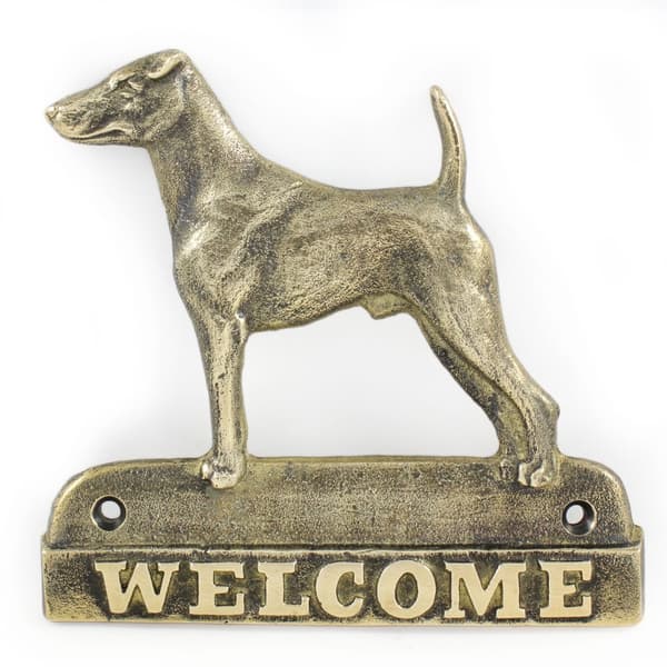 Korthåret foxterrier - dørplade med hund, velkomstplade af messing, unikt skilt med inskriptionen Welcome by Art-Dog