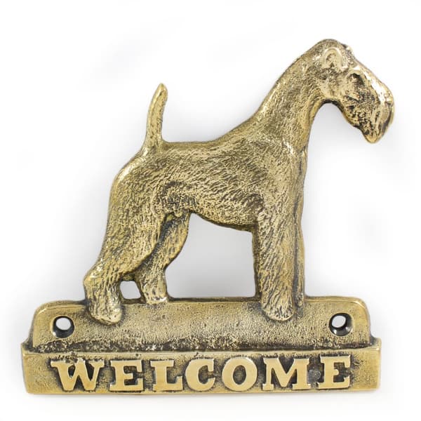 Trådhårig foxterrier - dörrskylt med hund, välkomstplakett i mässing, unik skylt med inskriptionen Welcome by Art-Dog