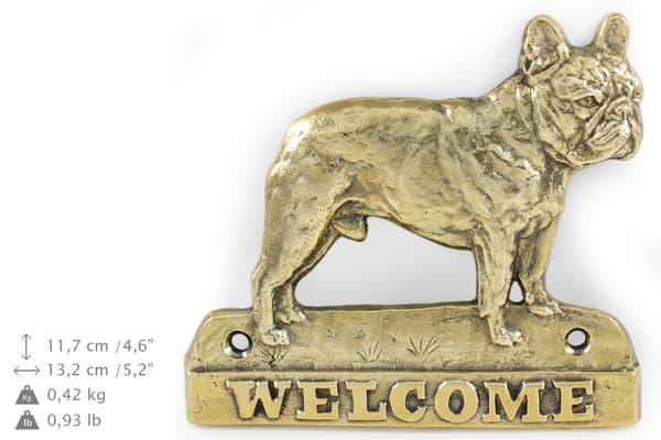 Ranskanbulldoggi - ovikyltti koiralla, messinkinen tervetuliaiskyltti, ainutlaatuinen kyltti, jossa on merkintä Welcome by Art-Dog