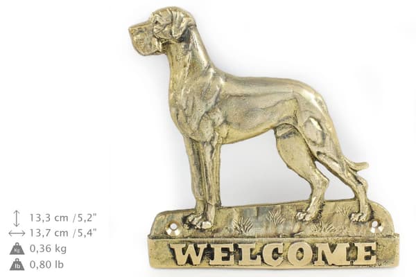 Tanskandoggi II - ovilevy koiralla, messinkinen tervetuliaiskyltti, ainutlaatuinen kyltti, jossa on merkintä Welcome by Art-Dog
