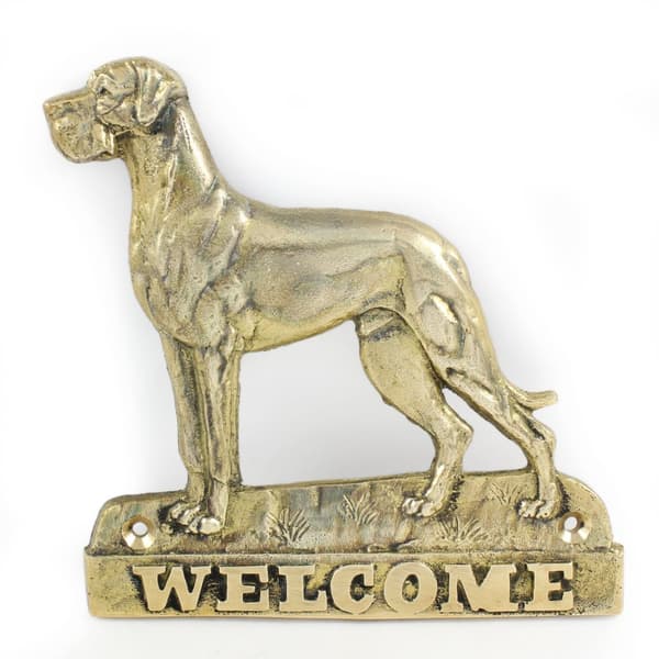 Tanskandoggi II - ovilevy koiralla, messinkinen tervetuliaiskyltti, ainutlaatuinen kyltti, jossa on merkintä Welcome by Art-Dog