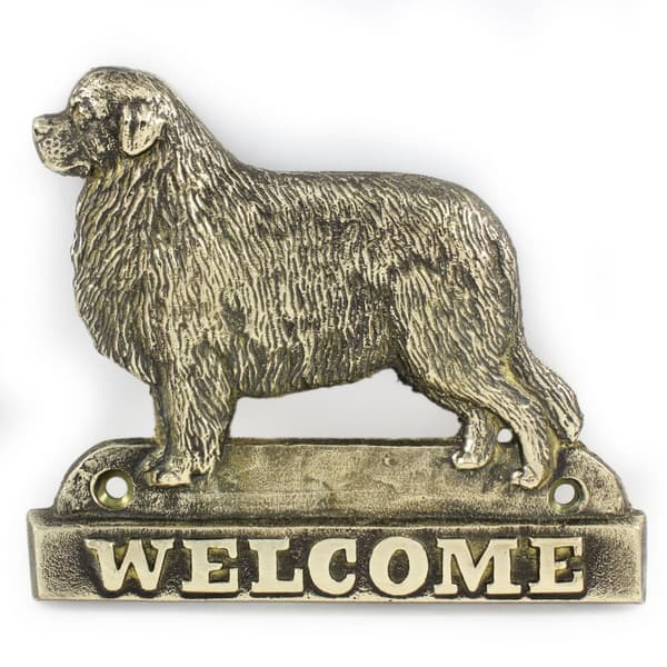 Newfoundland, Newfoundland, Wodołaz - ovilevy koiralla, messinki tervetuliaislaatta, ainutlaatuinen kyltti, jossa on merkintä Welcome by Art-Dog