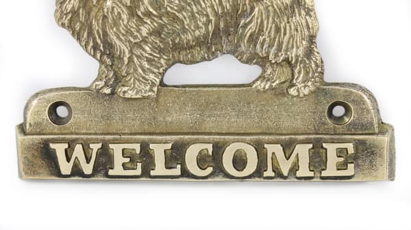 Norwichinterrieri - ovikyltti koiralla, messinkinen tervetuliaiskyltti, ainutlaatuinen kyltti, jossa on merkintä Welcome by Art-Dog