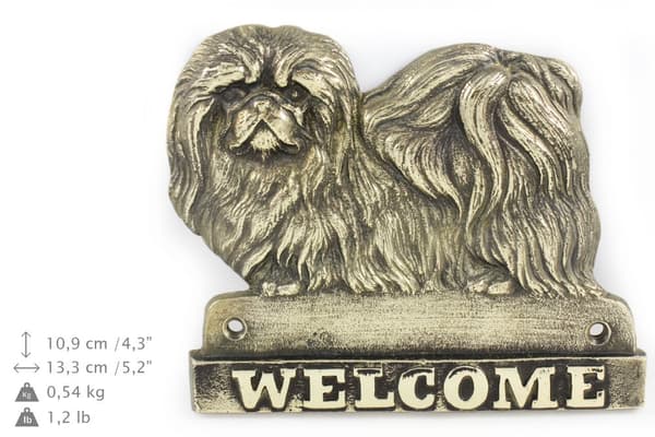 Pekingese - ovikyltti koiralla, messinkinen tervetulokyltti, ainutlaatuinen kyltti, jossa on kirjoitus Welcome by Art-Dog