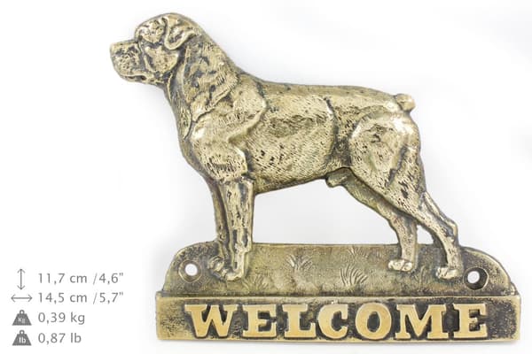 Rottweiler - ovilevy koiralla, messinkinen tervetuliaiskyltti, ainutlaatuinen kyltti, jossa on merkintä Welcome by Art-Dog