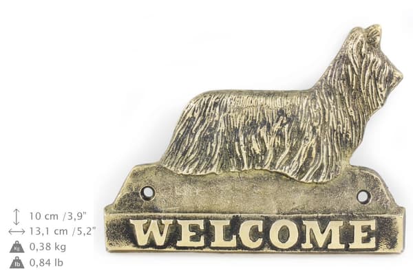 Skye Terrier - dörrskylt med en hund, välkomstplakett i mässing, unik skylt med inskriptionen Welcome by Art-Dog