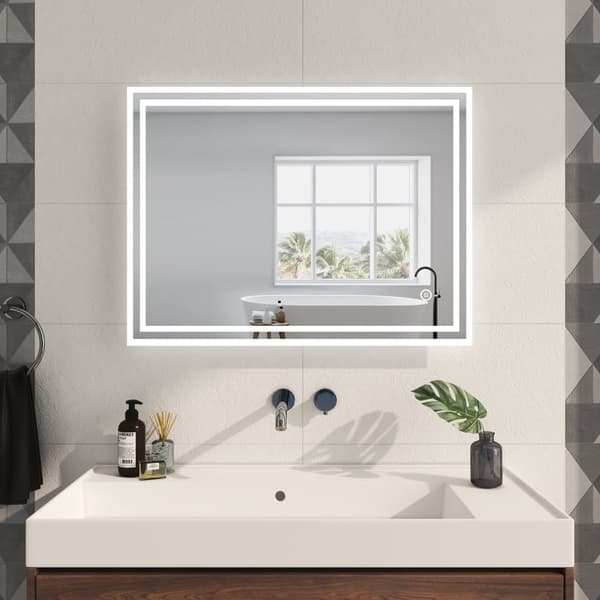 EMKE Badrumsspegel med Belysning, 80x60 cm, Kallvitt Ljus 6500K, Justerbar Ljusstyrka, Touchbrytare, Minnesfunktion, Horisontell/Vertikal, IP44