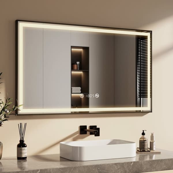EMKE Badrumsspegel med Belysning, 120x70 cm, Immafri, Inbyggd Klocka, Neutralt Ljus, Justerbar Ljusstyrka, Touchbrytare, Vertikal/Horisontell, IP44