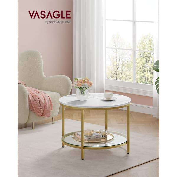 Runt Soffbord i marmorlook med glaskiva undertill - Vit/Guld