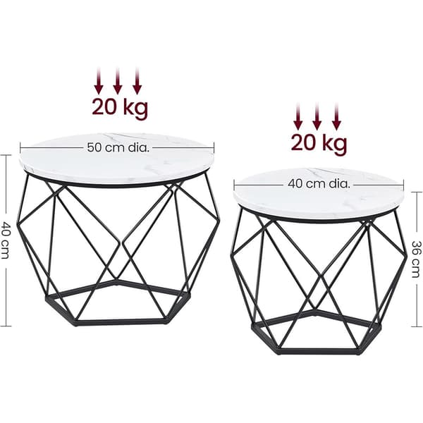 Runde sofaborde i metal - Hvid/Svart - marmordesign med stålstel