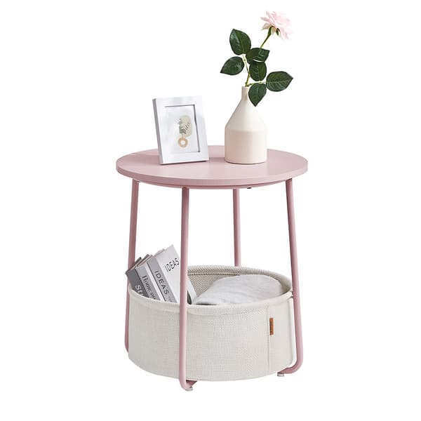 Rundt nattbord med oppbevaringskurv - rosa/hvitt