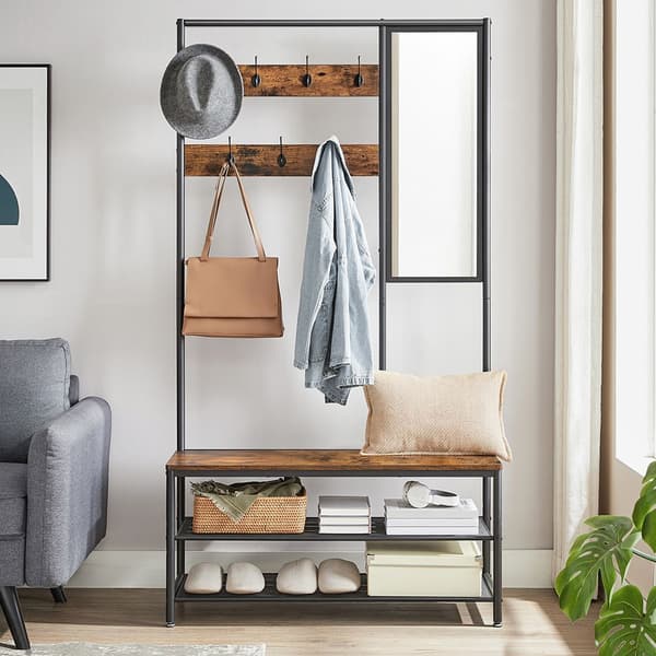 Klädhängare med sittbänk, spegel och skoförvaring