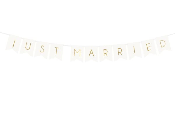 Just Married-banner, hvid, 15 x 155 cm (1 æske / 50 pakker)