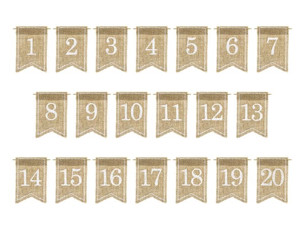 Jute bordnumre, hvide, 7x10,5 cm (1 æske / 40 pakker) (1 pakke / 20 stk.)