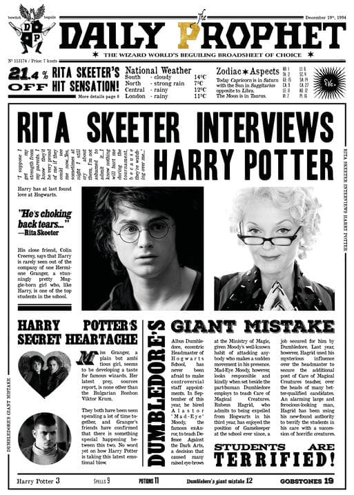 A3 Print - Harry Potter - Daily Prophet - Rita Skeeter Interview