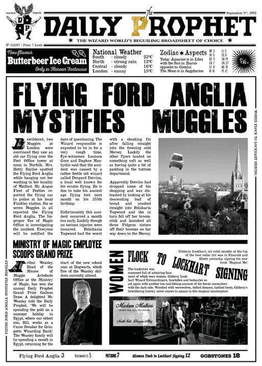 A3 Print - Harry Potter - Daily Prophet - Flying Ford Anglia