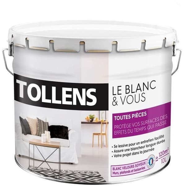 Målning - Vit - Sammet - TOLLENS - Alla Rum - För Väggar, Tak och Snickerier - Tvättbar - 10L = 120m2