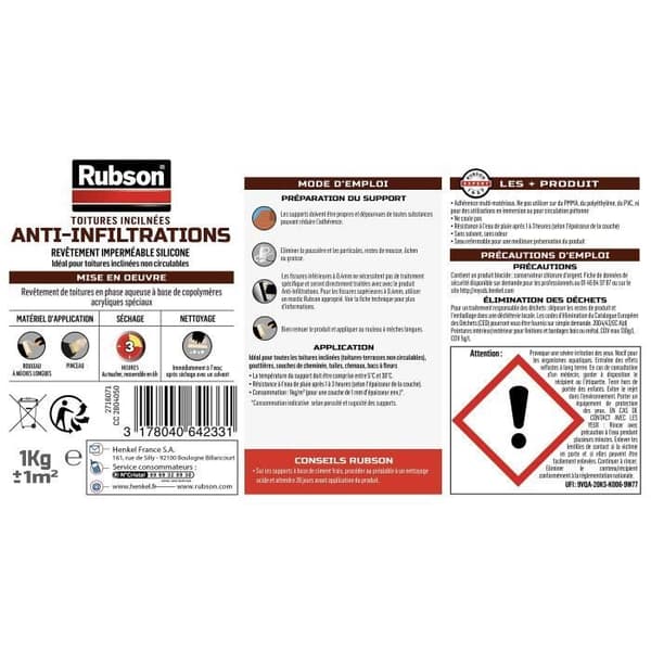 Vattentät beläggning - RUBSON - Anti-infiltration - 1 kg - 100 % silikon - UV-beständig