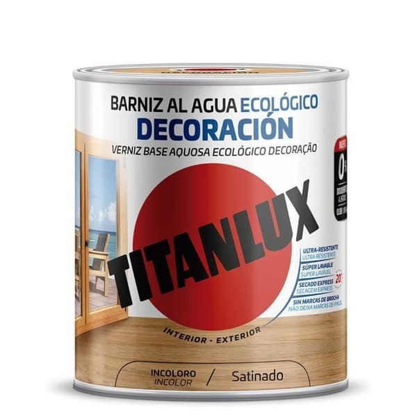 Titan - Ekologisk vattenbaserad lack Satin Dekoration Titanlux - Colores Barniz al agua ECO Titanlux:Incoloro förpackning