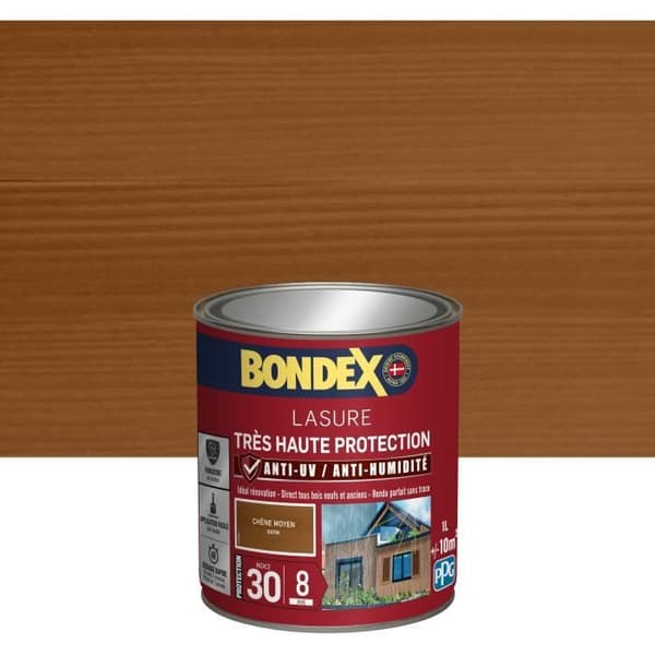 Lasure - BONDEX - Index 30 - Medel ek - Satin - 1L - Mycket hög skydd i 8 år
