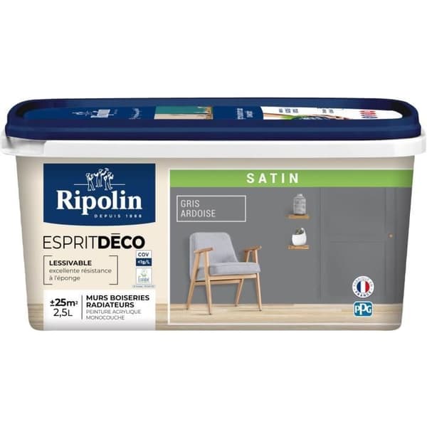 RIPOLIN Färg Satin Ultra Täckande för Kök, Sovrum, Vardagsrum, Rum, Entré, Korridor - Skiffergrå