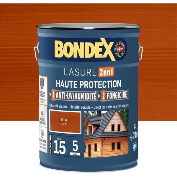 Lasure 2 i 1 Högt skydd - Teak satin - BONDEX - 5 L